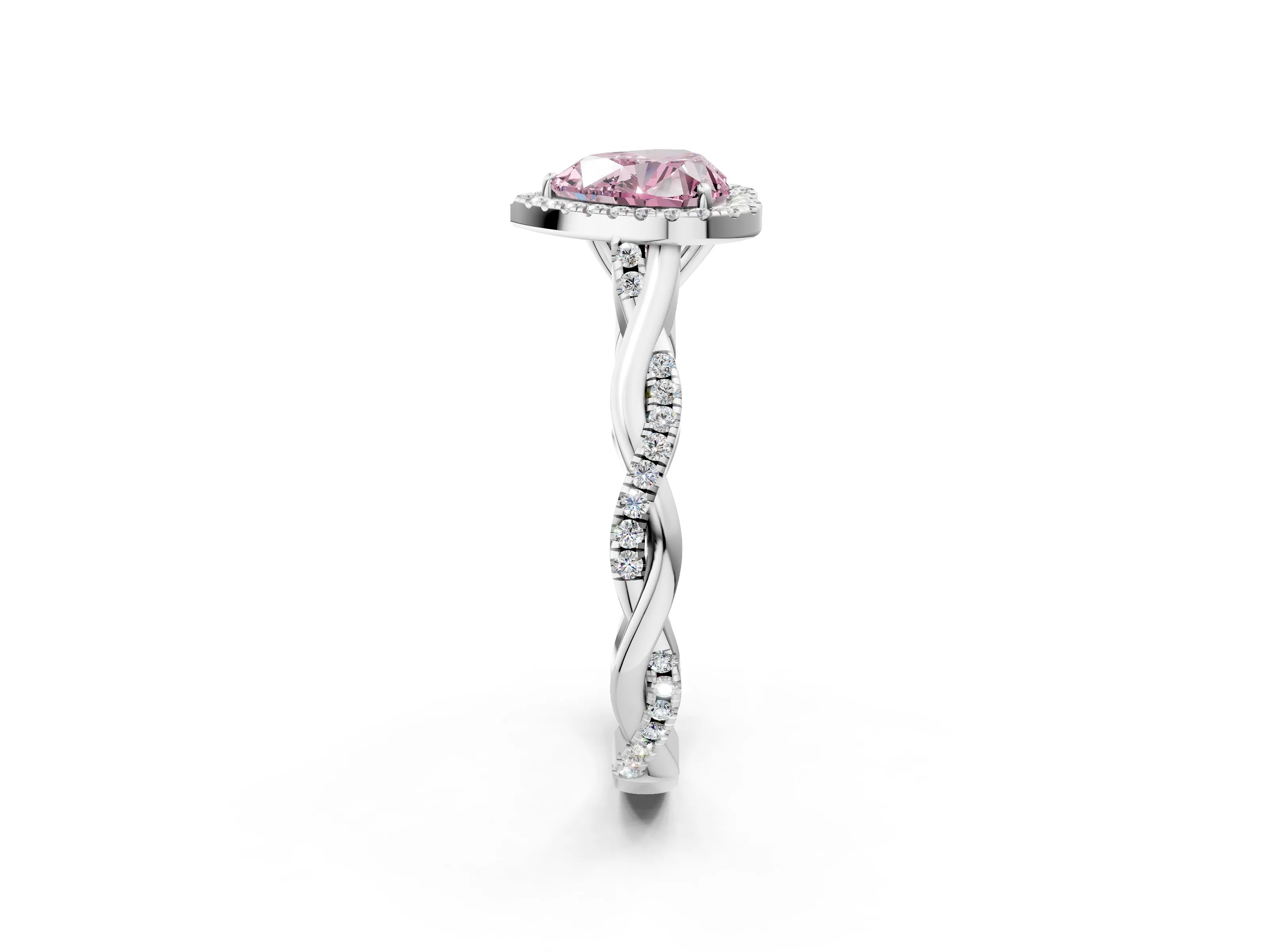 White gold Fancy Pink Heart Cut Halo Twist Band with Four-Prong Setting_74