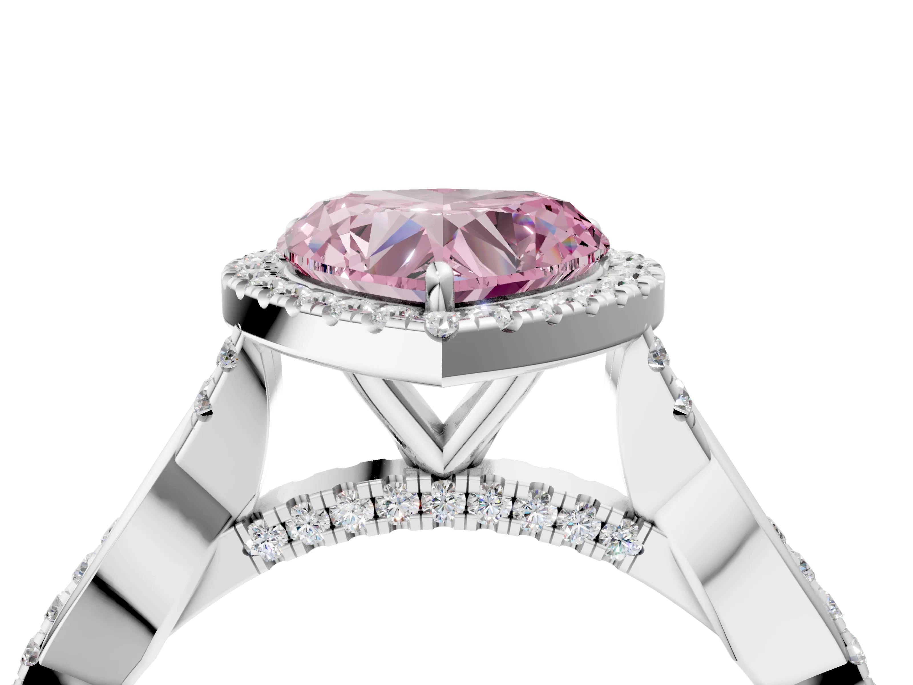 White gold Fancy Pink Heart Cut Halo Twist Band with Four-Prong Setting_76