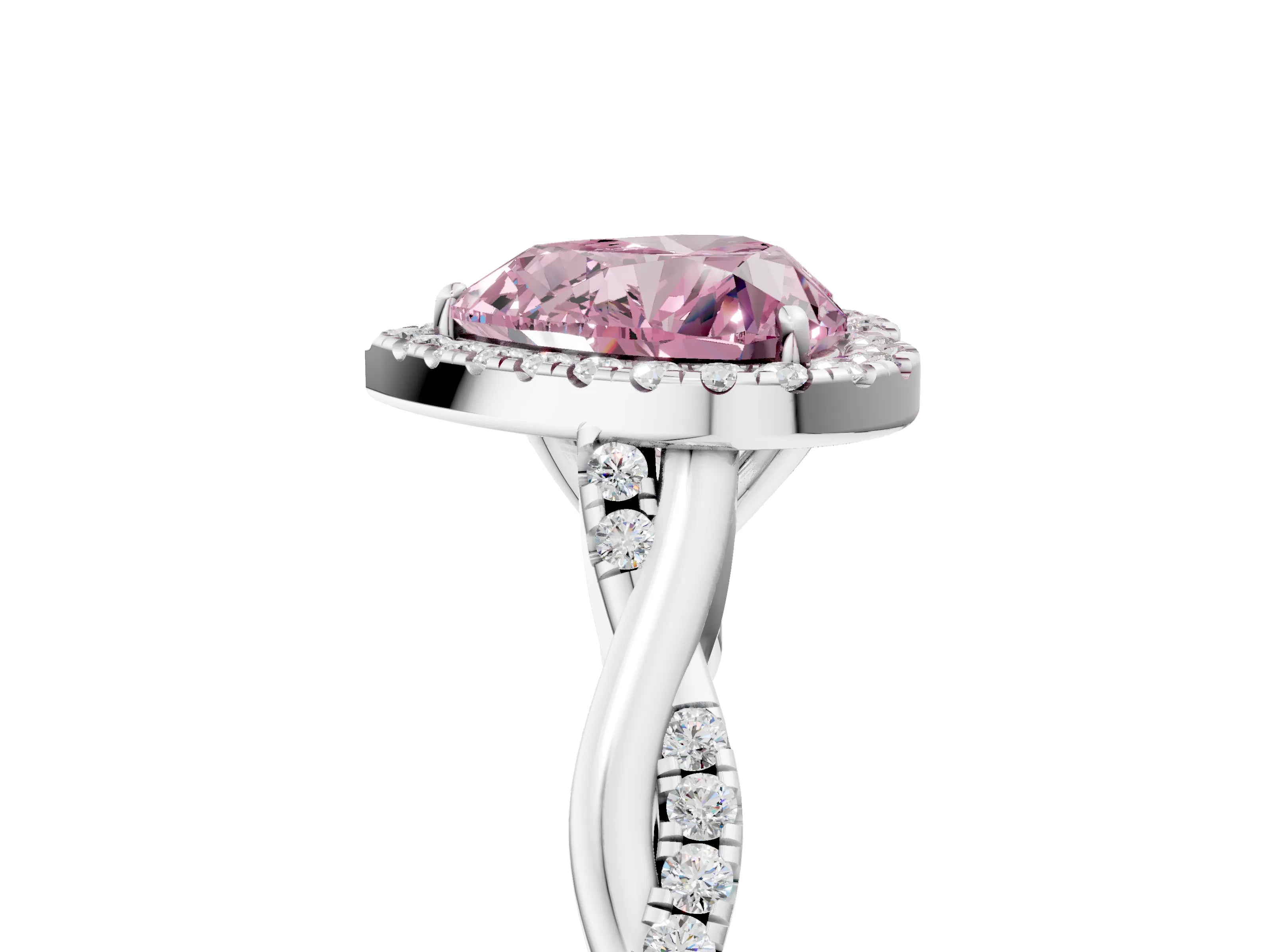 White gold Fancy Pink Heart Cut Halo Twist Band with Four-Prong Setting_77
