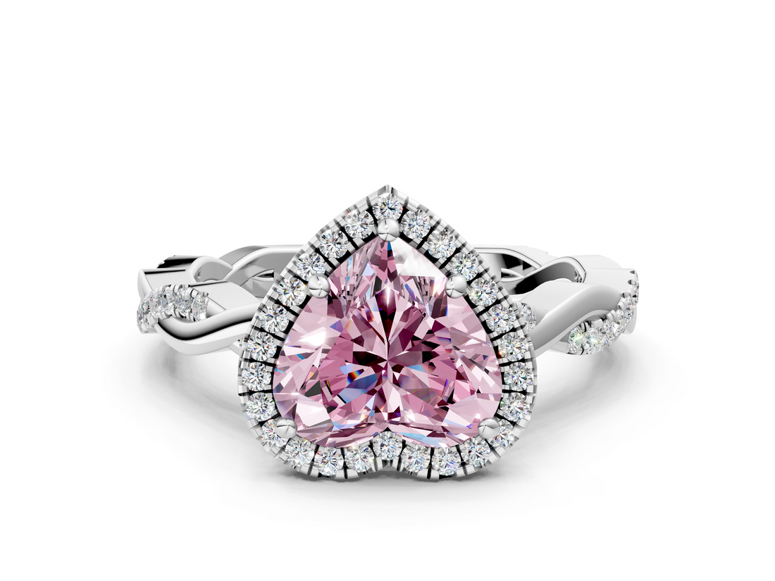 White gold Fancy Pink Heart  Cut Halo Twisted Band Four-Prong Ring_20