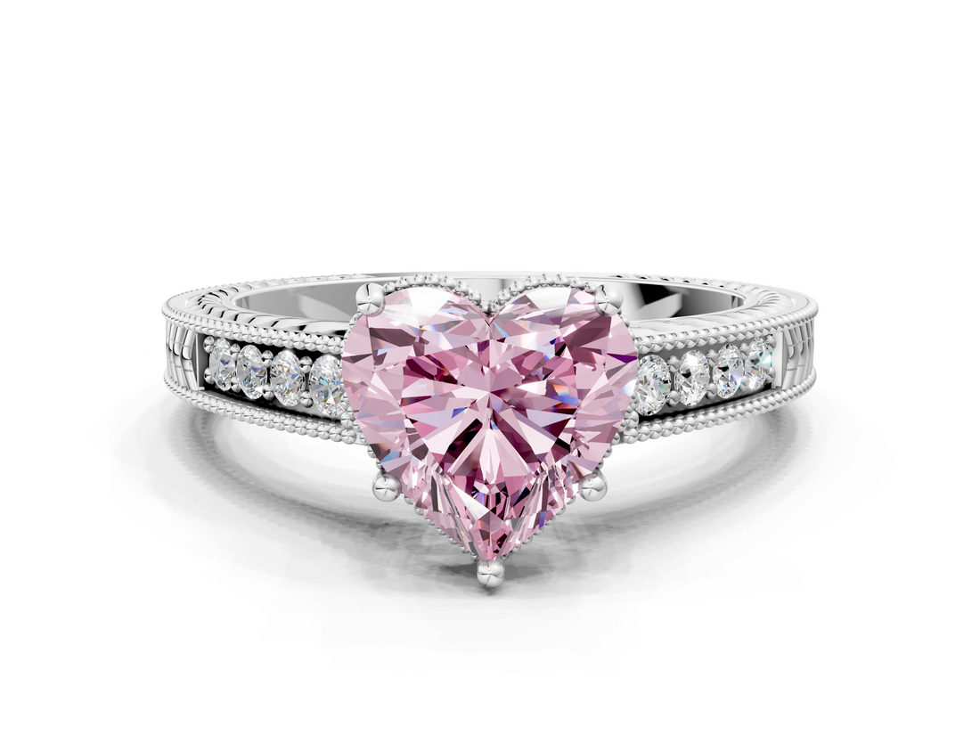 White gold Fancy Pink Heart  Cut Milgrain Channel Set Engagement Ring with Solitaire Prong Setting_44