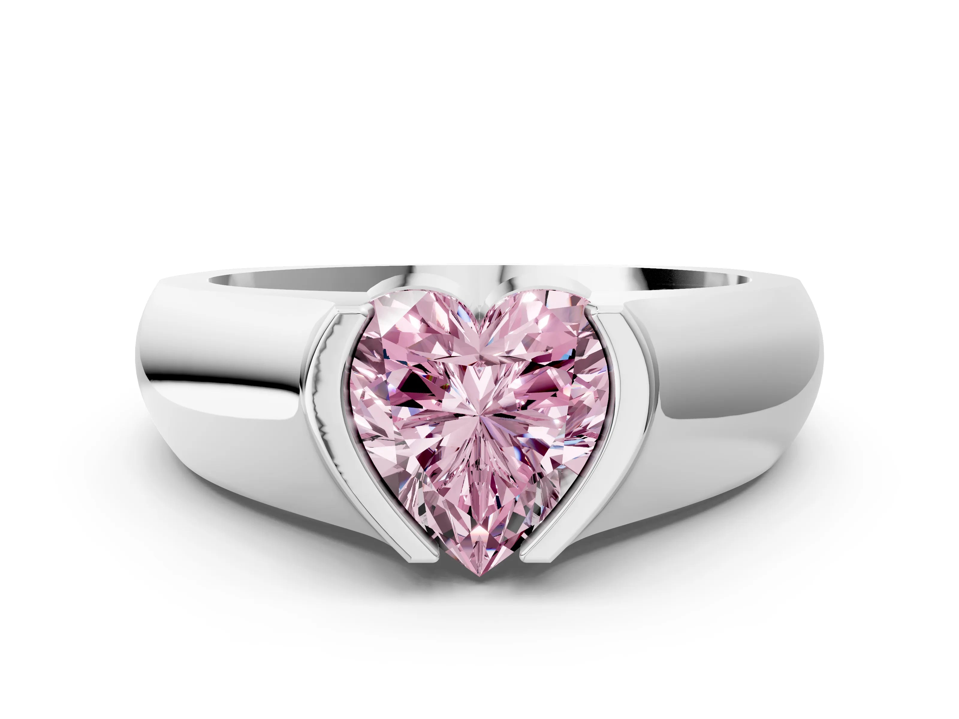 White gold Fancy Pink Heart Cut Solitaire Bezel Set Diamond Ring with Wide Band