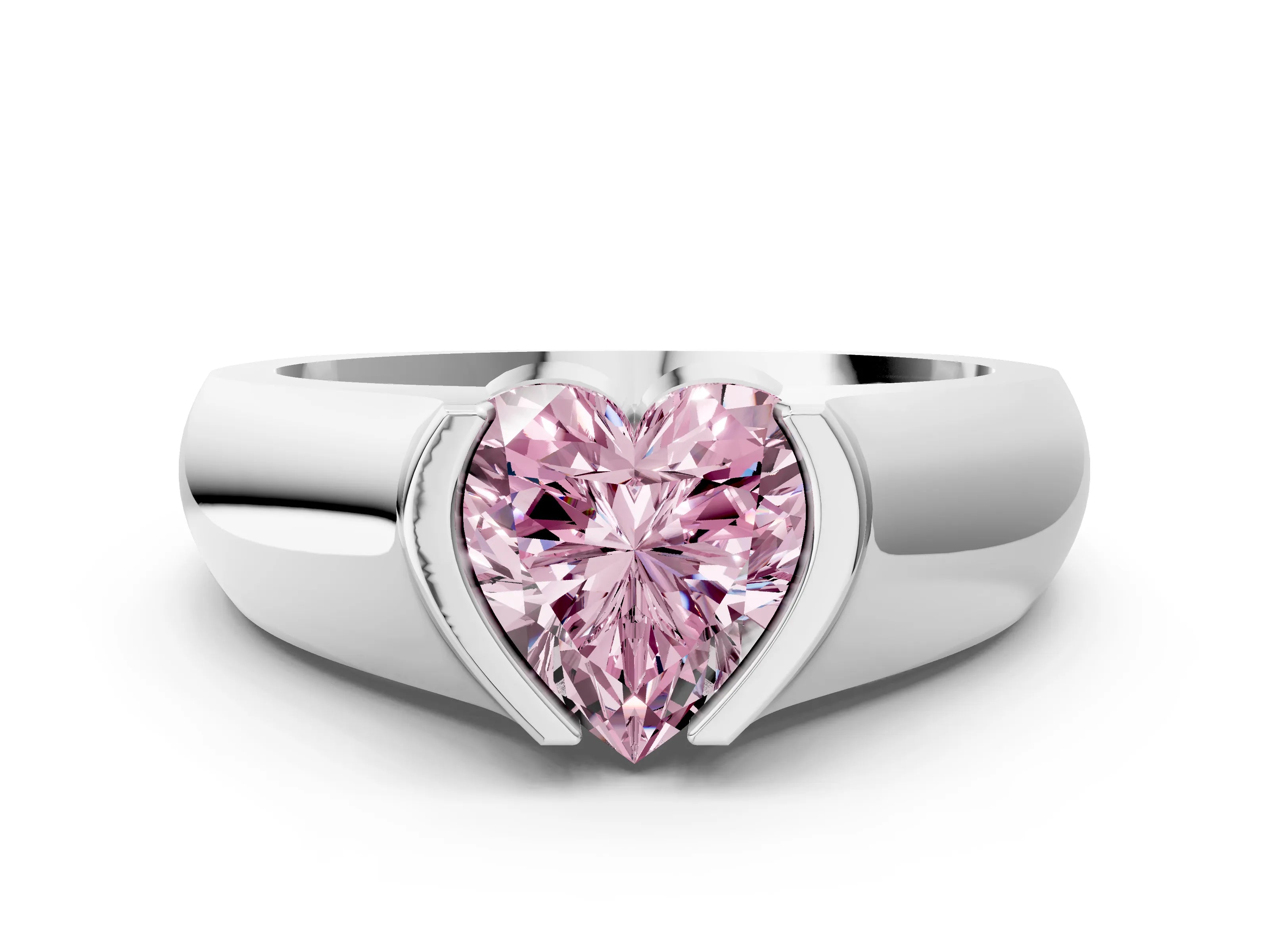White gold Fancy Pink Heart Cut Solitaire Bezel Set Diamond Ring with Wide Band_12