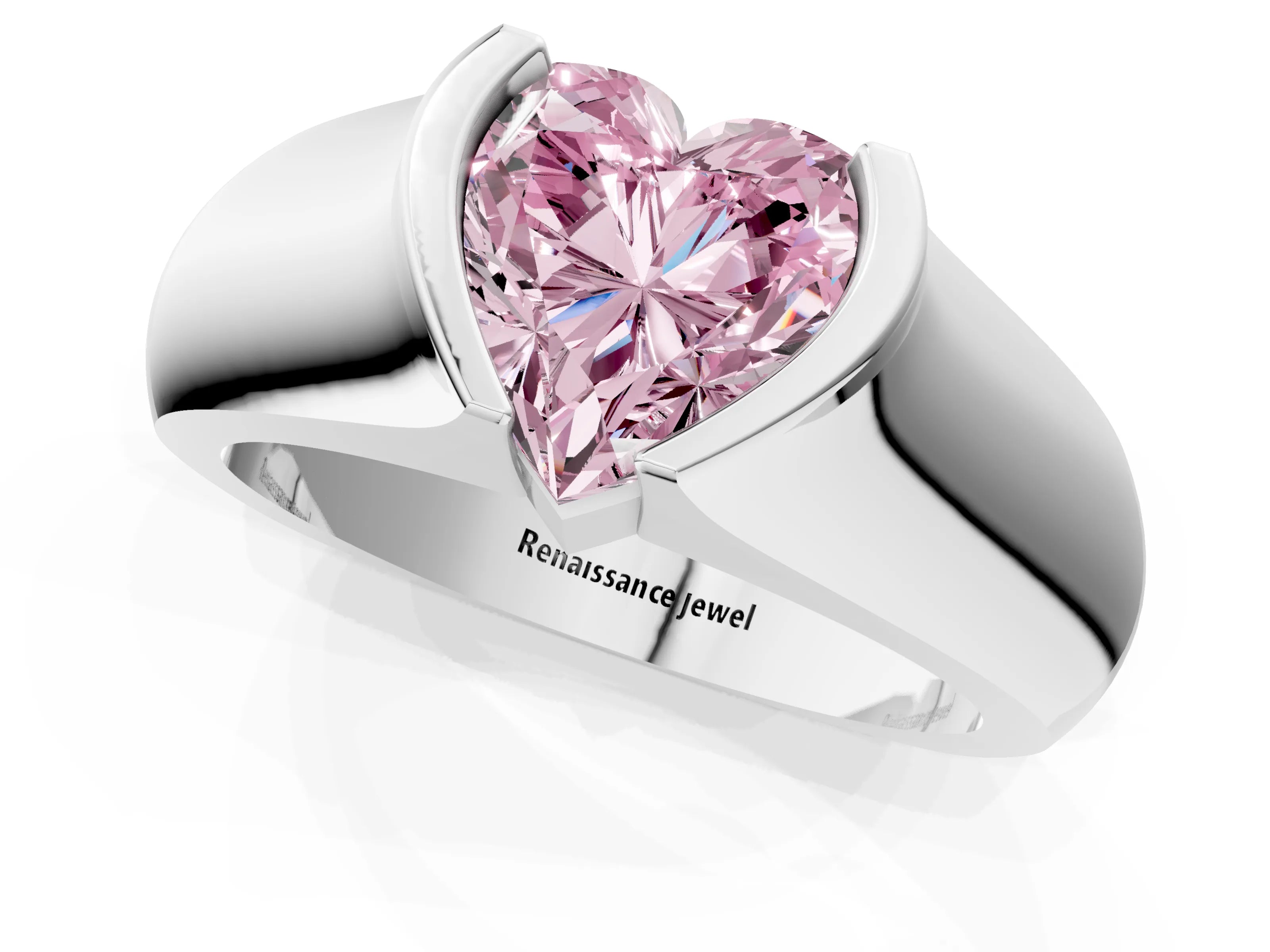 White gold Fancy Pink Heart Cut Solitaire Bezel Set Diamond Ring with Wide Band_13