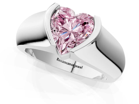 White gold Fancy Pink Heart Cut Solitaire Bezel Set Diamond Ring with Wide Band_13