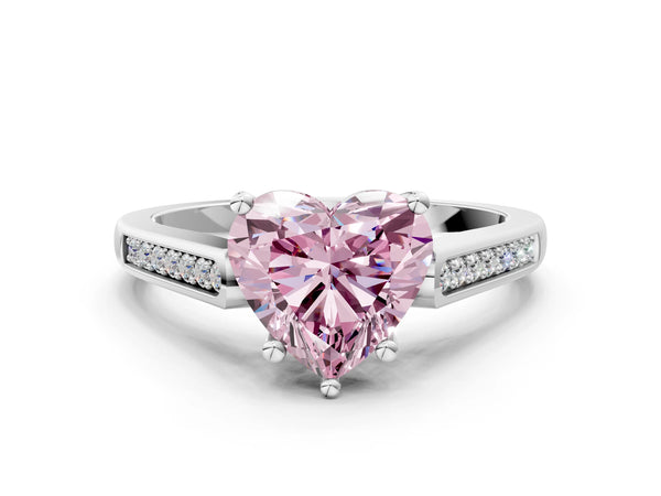 White gold Fancy Pink Heart Cut Solitaire Cathedral Diamond Engagement Ring with Channel-Set Band and Four-Prong Setting