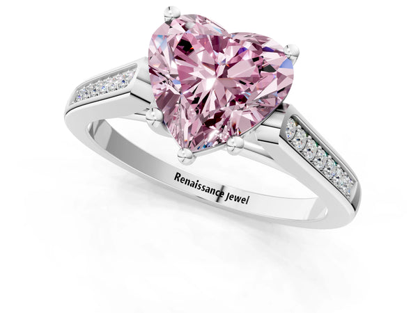 White gold Fancy Pink Heart Cut Solitaire Cathedral Diamond Engagement Ring with Channel-Set Band and Four-Prong Setting