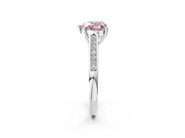 White gold Fancy Pink Heart Cut Solitaire Cathedral Diamond Engagement Ring with Channel-Set Band and Four-Prong Setting