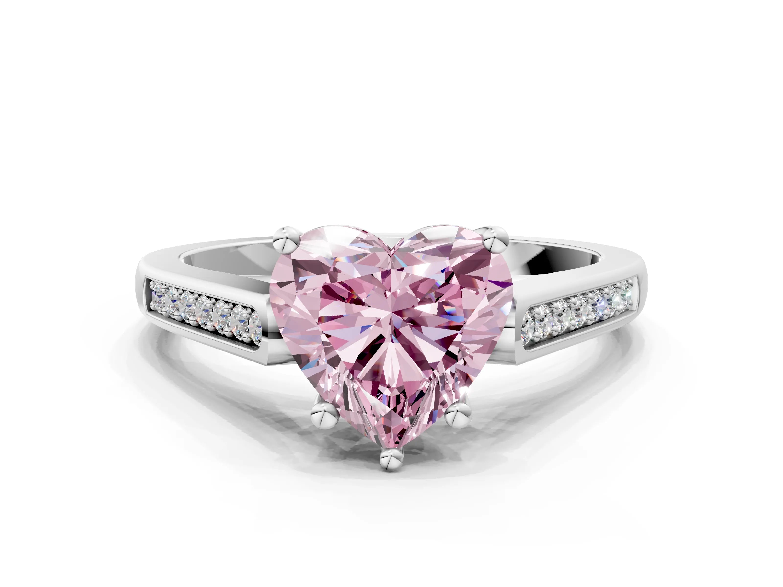 White gold Fancy Pink Heart Cut Solitaire Cathedral Diamond Engagement Ring with Channel-Set Band and Four-Prong Setting_3
