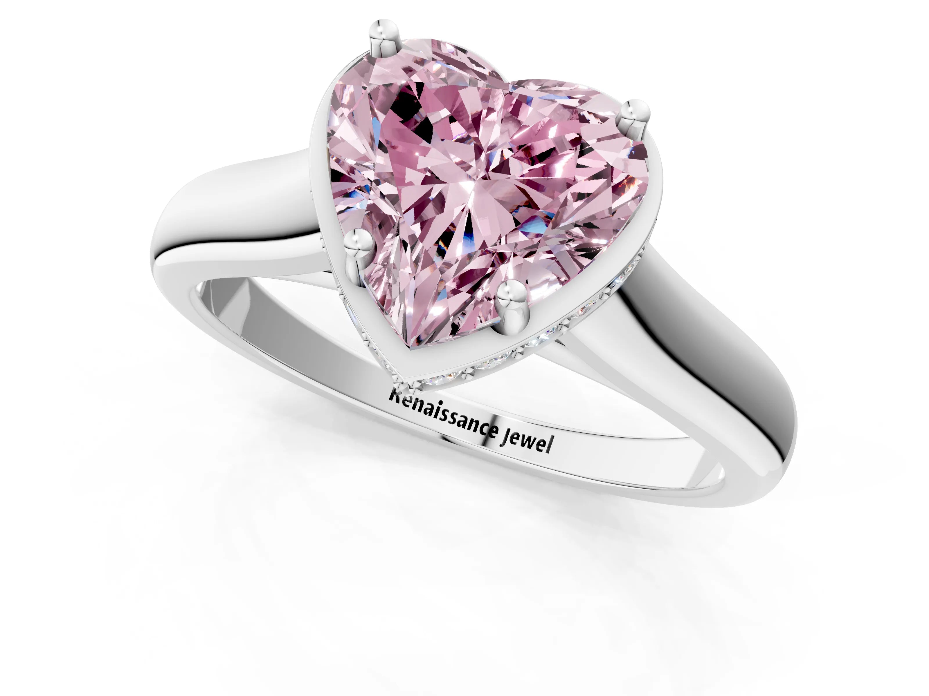 White gold Fancy Pink Heart Cut Solitaire Diamond Engagement Ring with Four-Prong Setting and Tapered Band_13