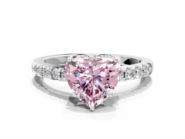 Platinum Fancy Pink Heart Cut Solitaire Diamond Engagement Ring with Pavé Band and Six-Prong Setting