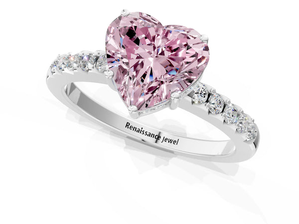Platinum Fancy Pink Heart Cut Solitaire Diamond Engagement Ring with Pavé Band and Six-Prong Setting