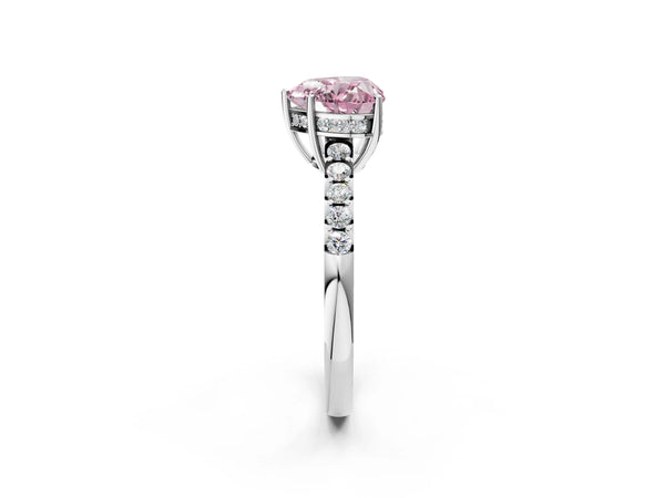 Platinum Fancy Pink Heart Cut Solitaire Diamond Engagement Ring with Pavé Band and Six-Prong Setting