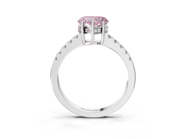 Platinum Fancy Pink Heart Cut Solitaire Diamond Engagement Ring with Pavé Band and Six-Prong Setting