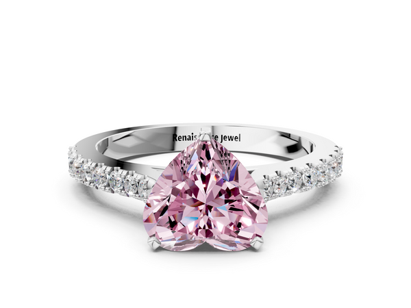 White gold Fancy Pink Heart  Cut Solitaire Diamond Engagement Ring with Pave Band and Four-Prong Setting