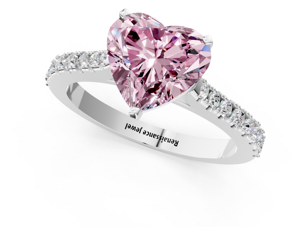 White gold Fancy Pink Heart  Cut Solitaire Diamond Engagement Ring with Pave Band and Four-Prong Setting