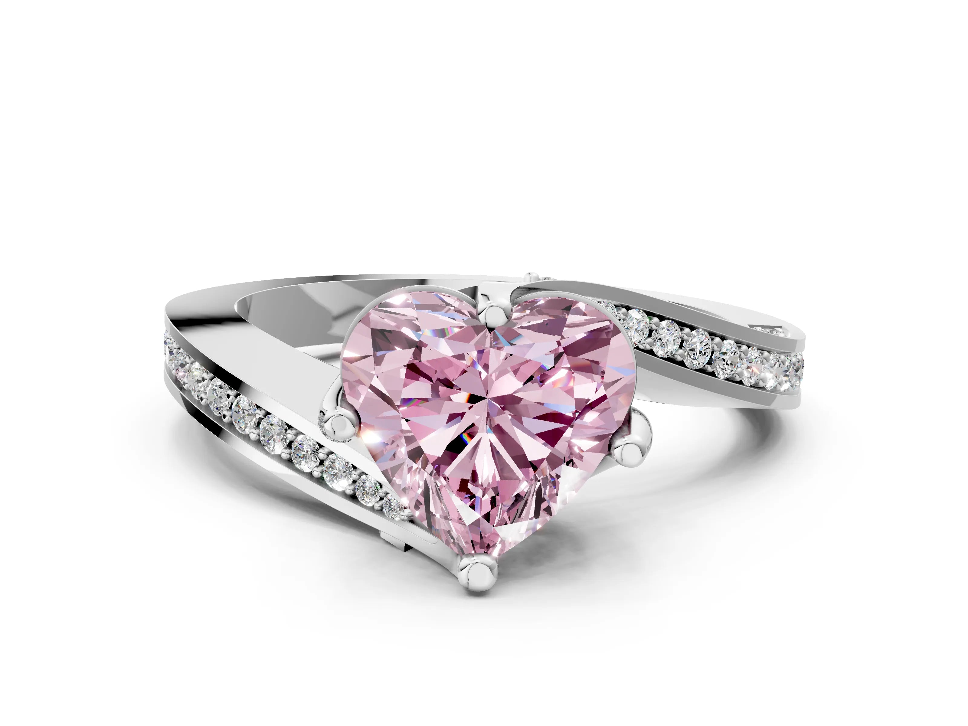 White gold Fancy Pink Heart Cut Solitaire Diamond Twist Band with Pavé Setting and Four-Prong Setting_12
