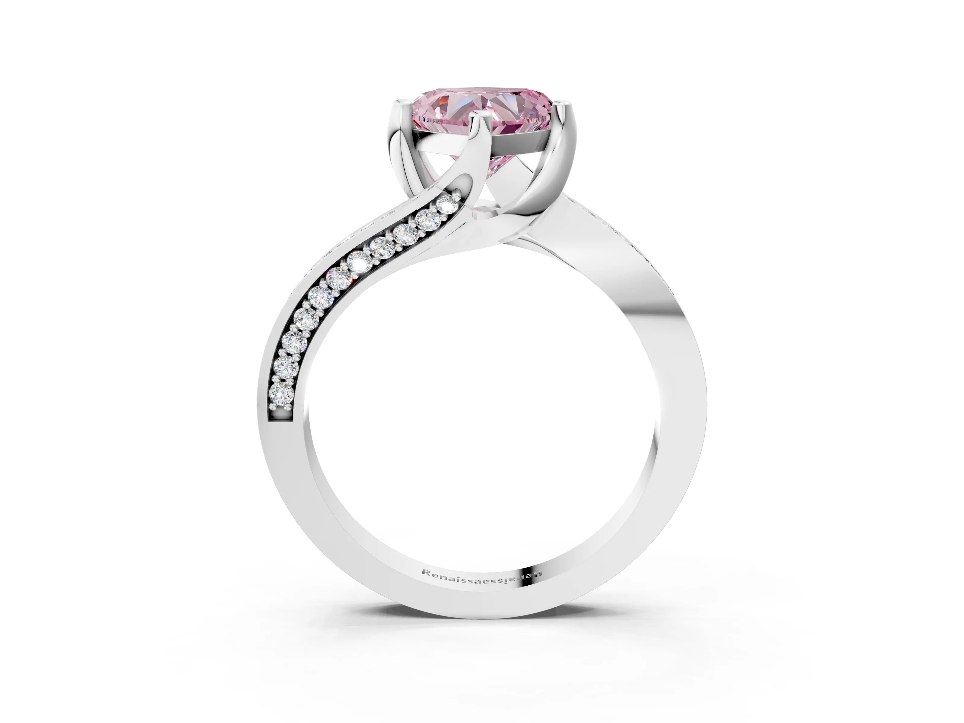 White gold Fancy Pink Heart Cut Solitaire Diamond Twist Band with Pavé Setting and Four-Prong Setting_15