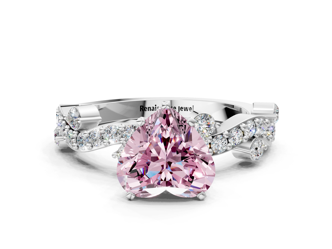 White gold Fancy Pink Heart  Cut Solitaire Diamond Twisted Band with Pave Setting_59