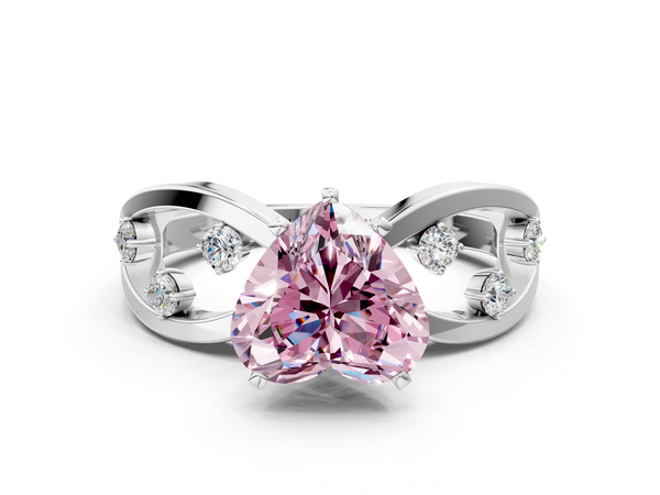White gold Fancy Pink Heart  Cut Solitaire Diamond with Side Stones on Criss-Cross Band and Four-Prong Setting