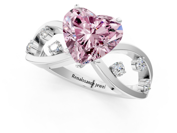 White gold Fancy Pink Heart  Cut Solitaire Diamond with Side Stones on Criss-Cross Band and Four-Prong Setting