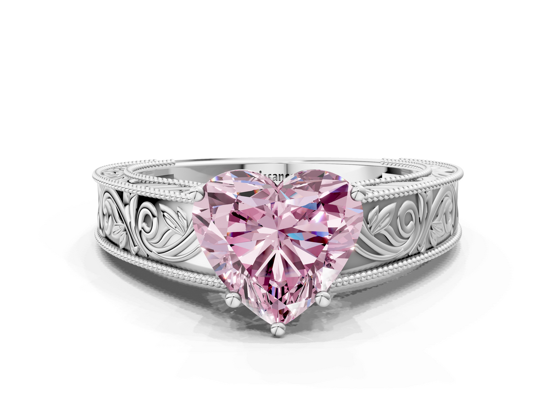 White gold Fancy Pink Heart  Cut Solitaire Engraved Band with Four-Prong Setting_62
