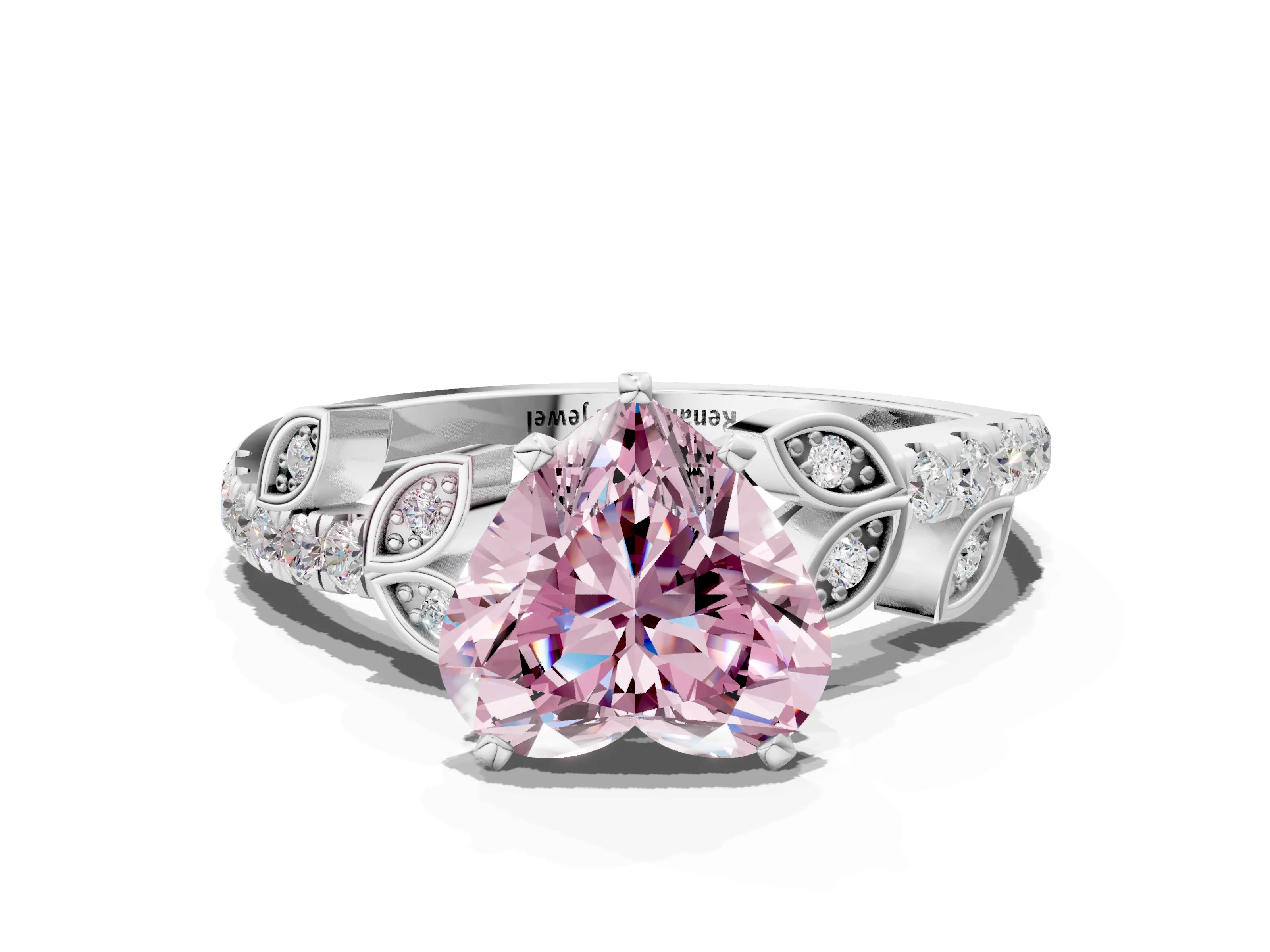 White gold Fancy Pink Heart Cut Solitaire Leaf-Inspired Diamond Ring with Pavé Band and Four-Prong Setting_12