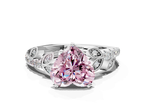 White gold Fancy Pink Heart Cut Solitaire Leaf-Inspired Diamond Ring with Pavé Band and Four-Prong Setting_12