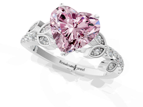 White gold Fancy Pink Heart Cut Solitaire Leaf-Inspired Diamond Ring with Pavé Band and Four-Prong Setting_13