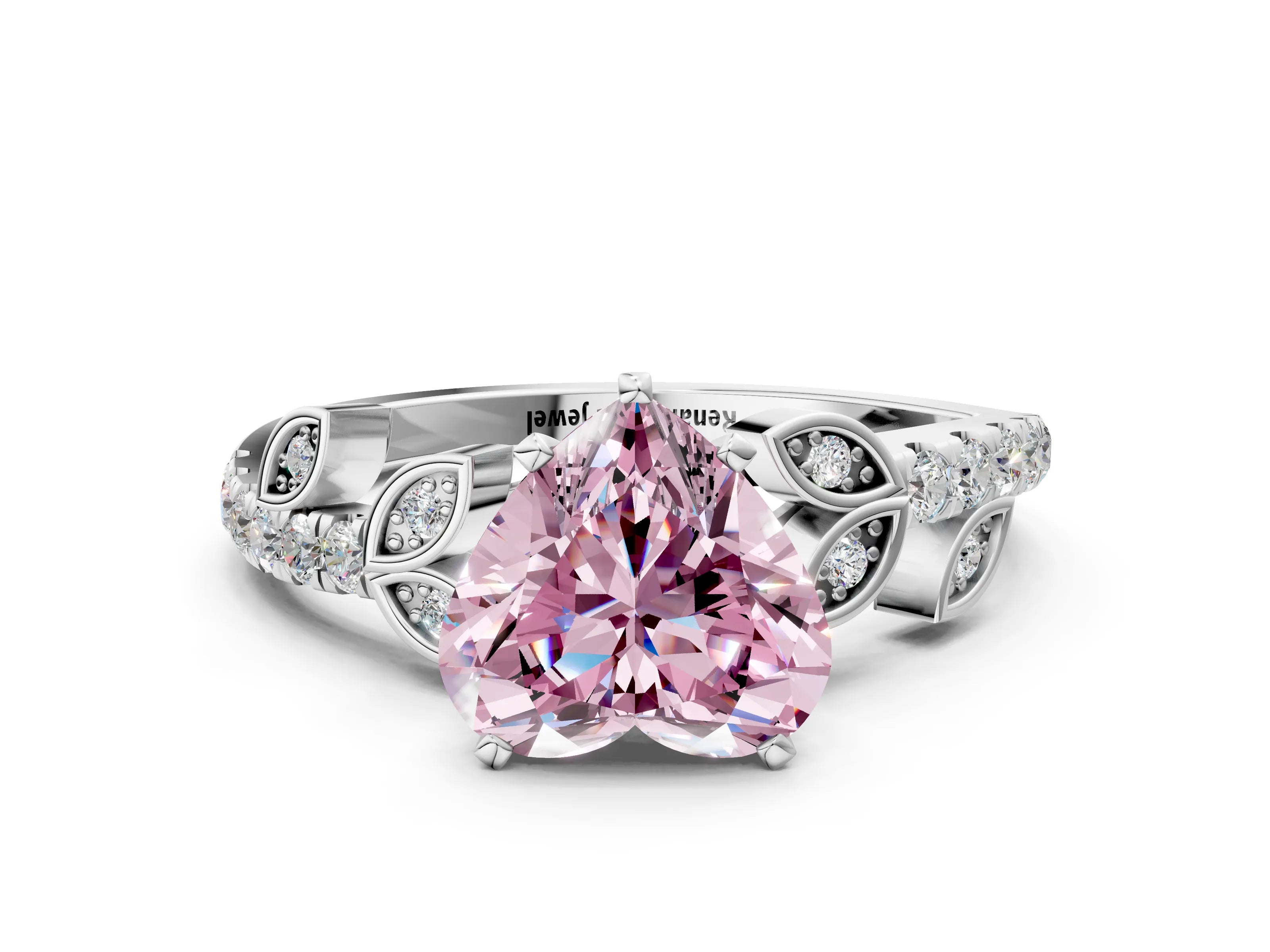 White gold Fancy Pink Heart Cut Solitaire Leaf-Inspired Diamond Ring with Pavé Band and Four-Prong Setting_24
