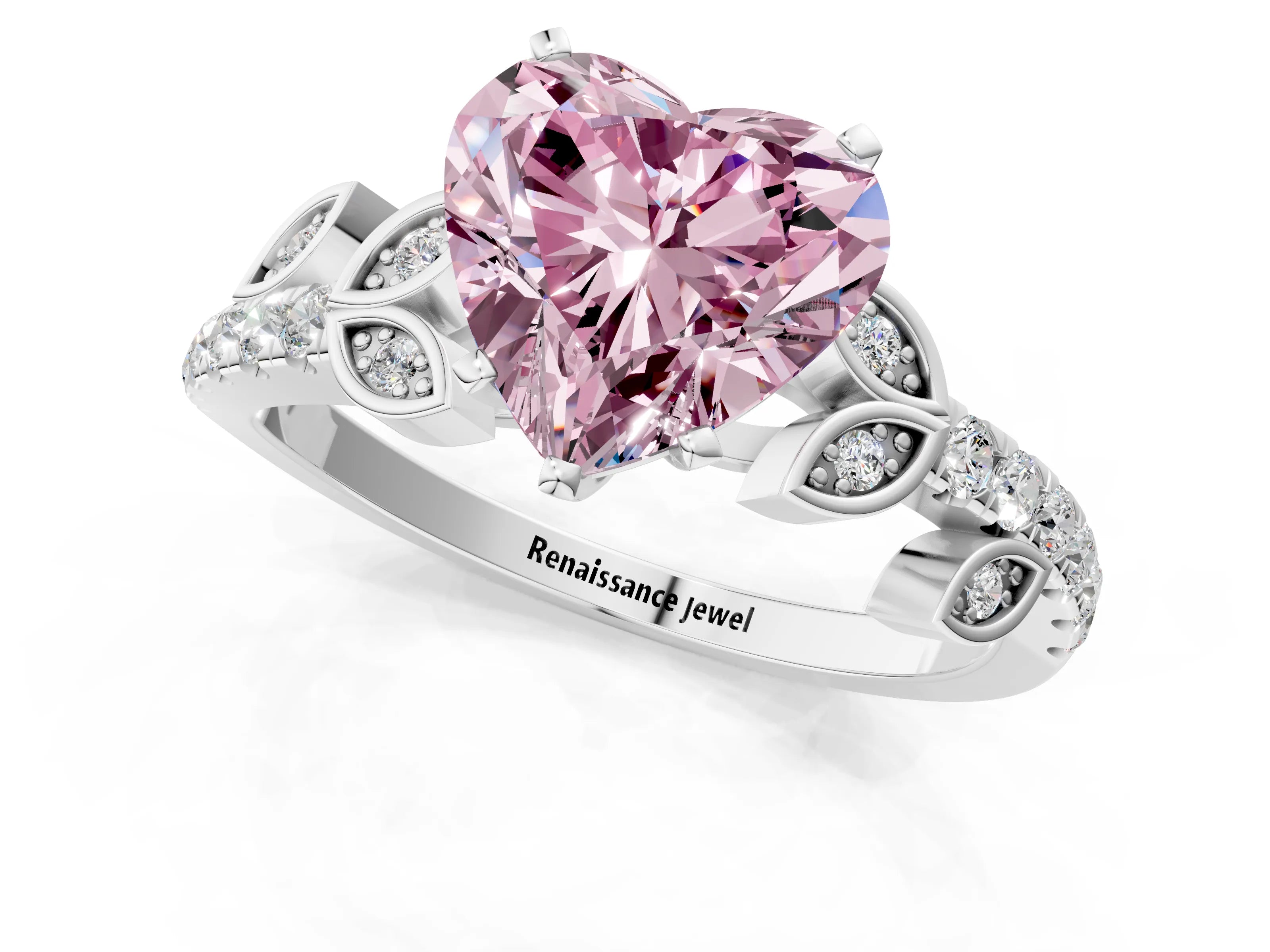 White gold Fancy Pink Heart Cut Solitaire Leaf-Inspired Diamond Ring with Pavé Band and Four-Prong Setting_25