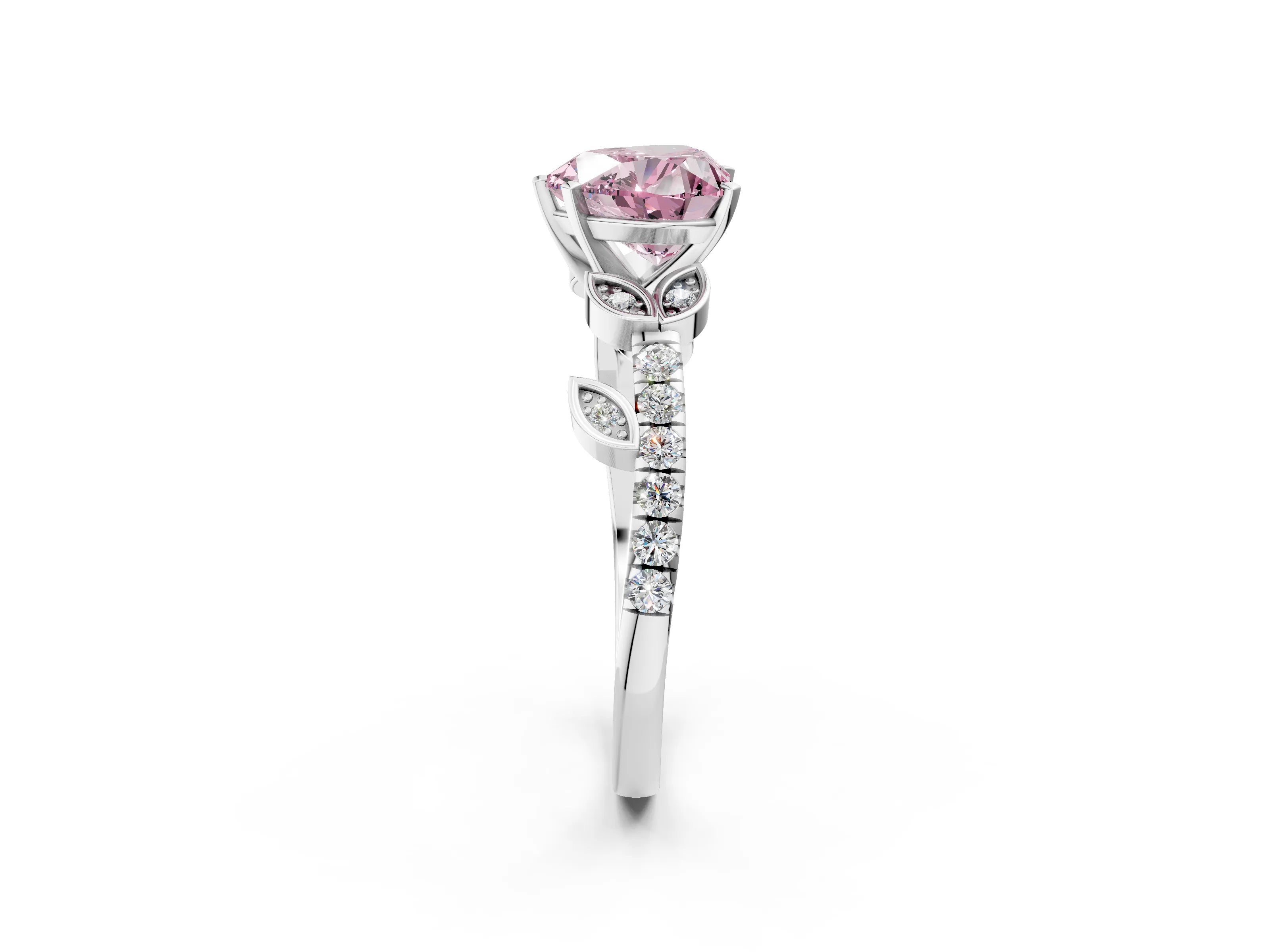 White gold Fancy Pink Heart Cut Solitaire Leaf-Inspired Diamond Ring with Pavé Band and Four-Prong Setting_26