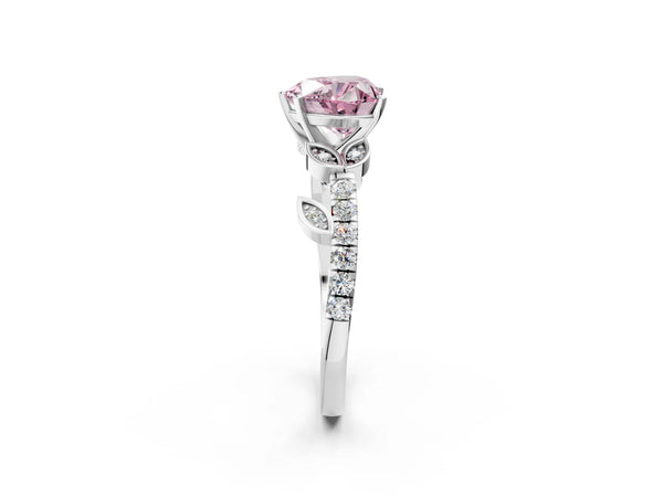 White gold Fancy Pink Heart Cut Solitaire Leaf-Inspired Diamond Ring with Pavé Band and Four-Prong Setting