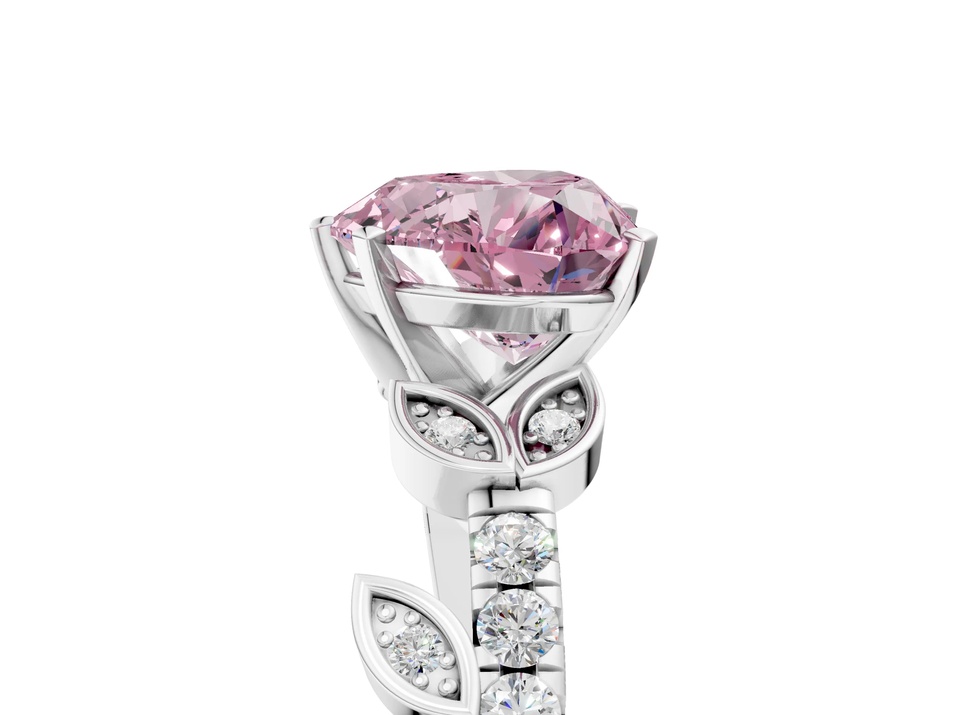 White gold Fancy Pink Heart Cut Solitaire Leaf-Inspired Diamond Ring with Pavé Band and Four-Prong Setting_29
