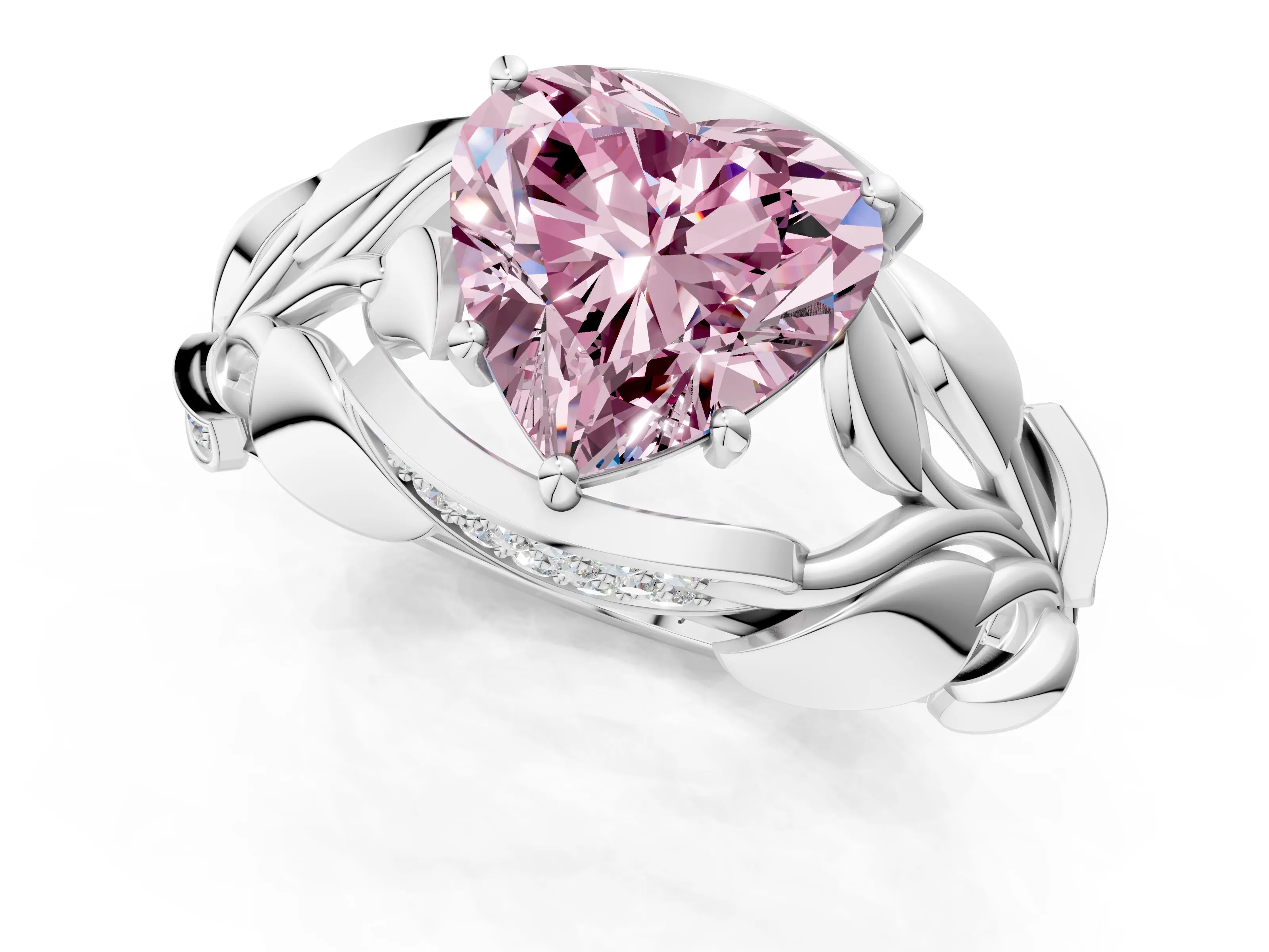 White gold Fancy Pink Heart Cut Solitaire Leaf-Inspired Engagement Ring with Prong Setting_1