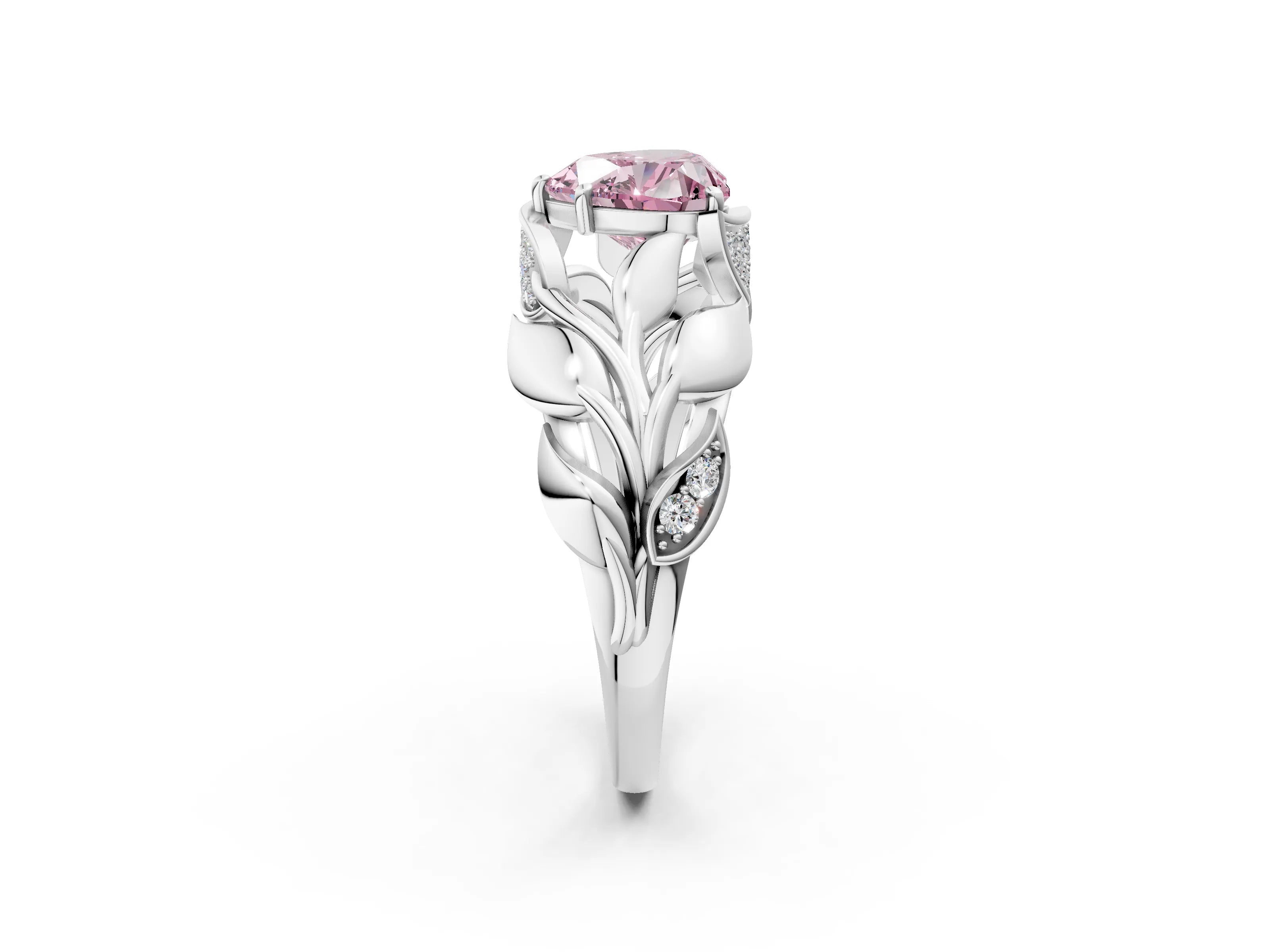White gold Fancy Pink Heart Cut Solitaire Leaf-Inspired Engagement Ring with Prong Setting_2