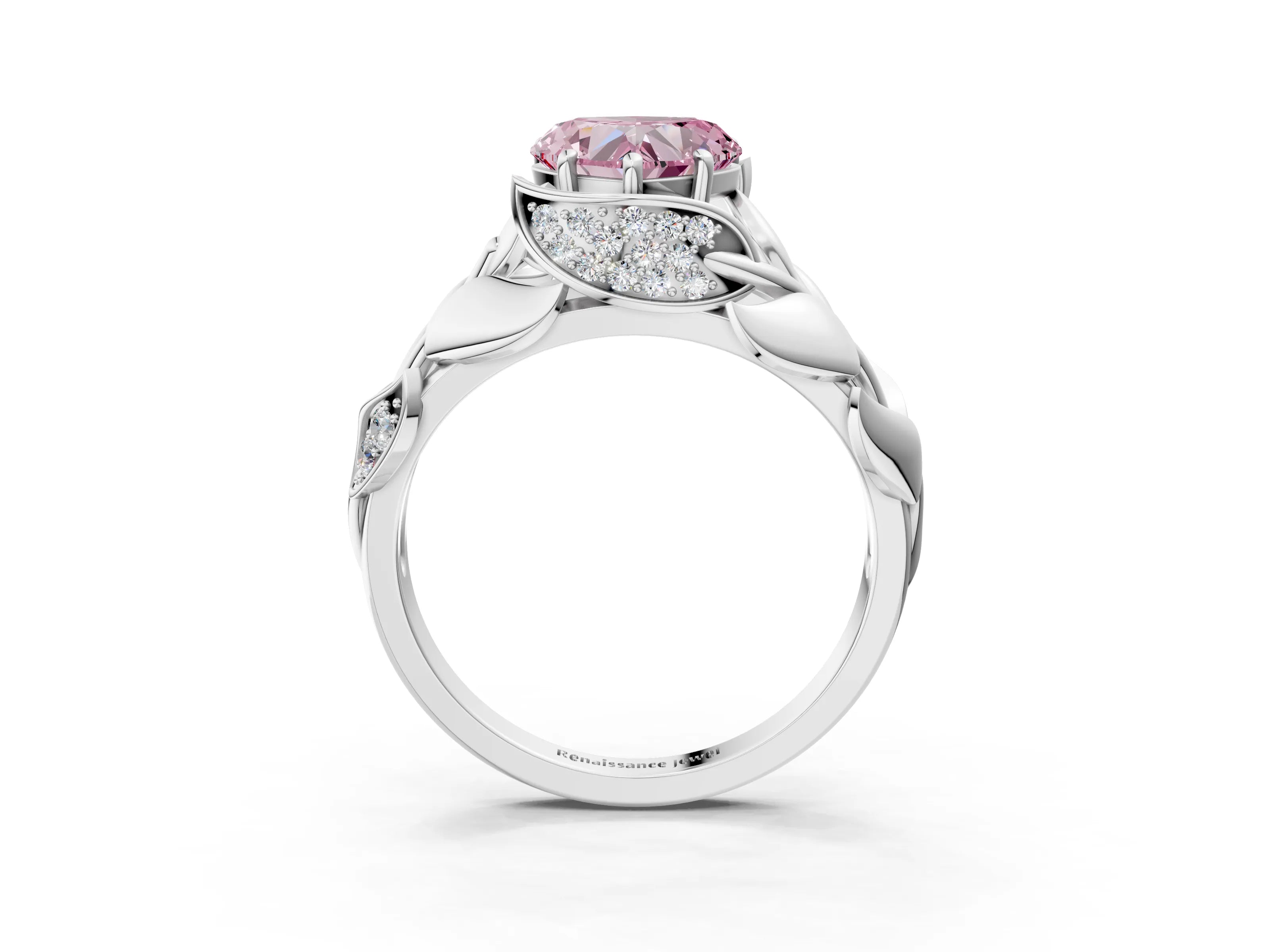 White gold Fancy Pink Heart Cut Solitaire Leaf-Inspired Engagement Ring with Prong Setting_3