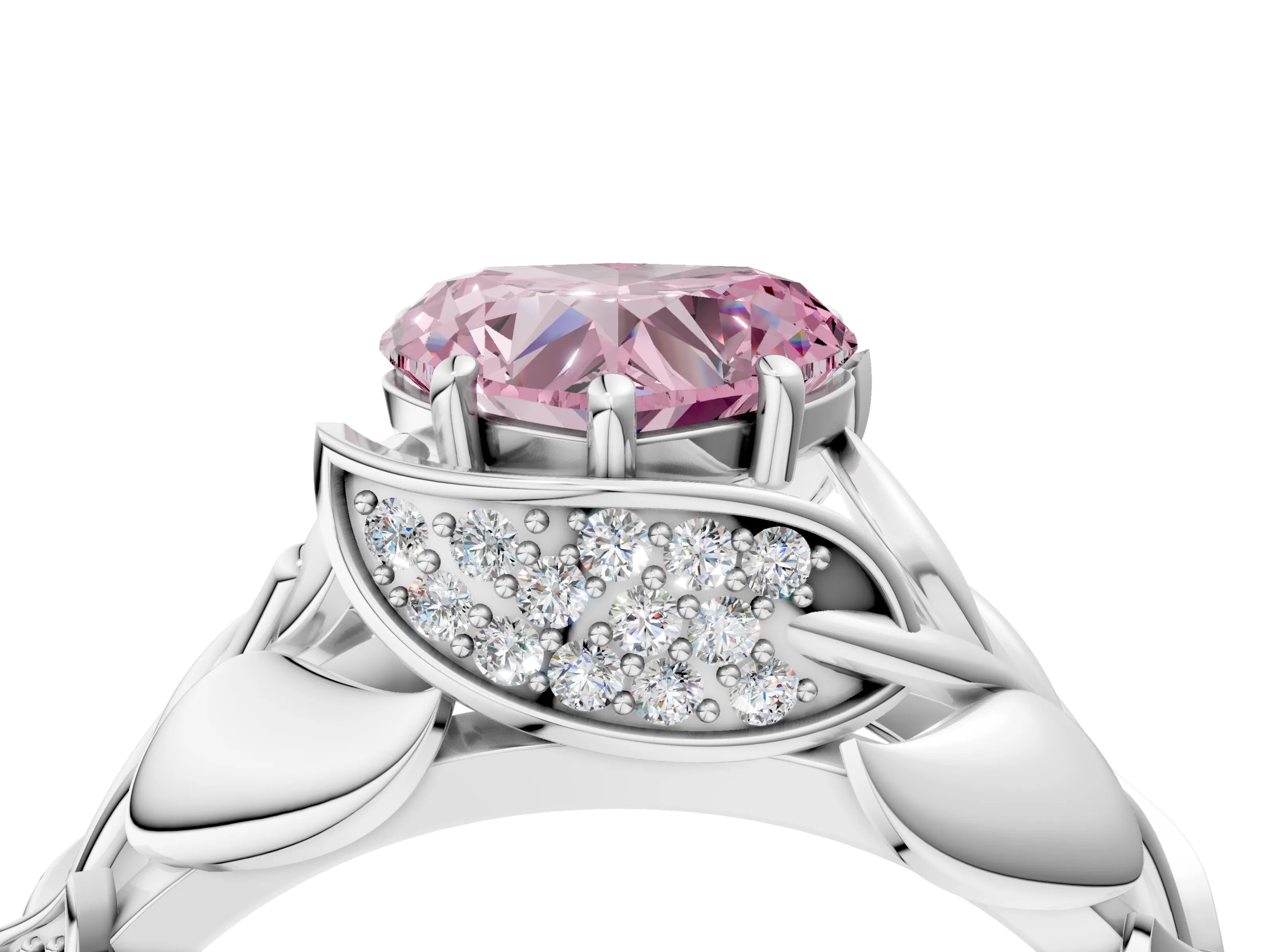 White gold Fancy Pink Heart Cut Solitaire Leaf-Inspired Engagement Ring with Prong Setting_4