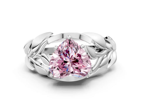 White gold Fancy Pink Heart Cut Solitaire Leaf-Inspired Engagement Ring with Prong Setting