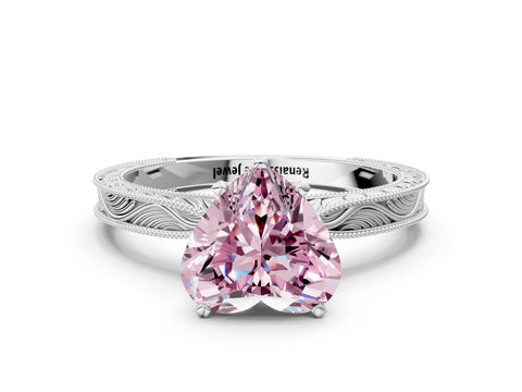 White gold Fancy Pink Heart Cut Solitaire Milgrain Engraved Band with Four-Prong Setting_12