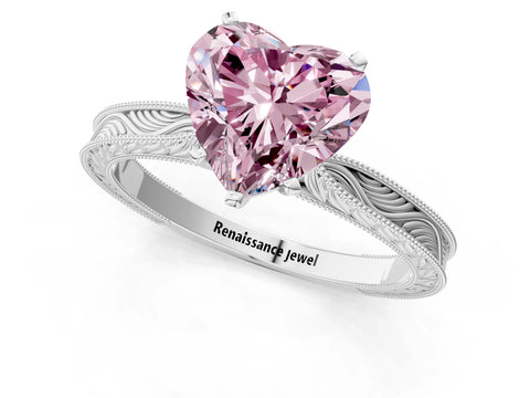 White gold Fancy Pink Heart Cut Solitaire Milgrain Engraved Band with Four-Prong Setting_13