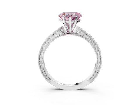 White gold Fancy Pink Heart Cut Solitaire Milgrain Engraved Band with Four-Prong Setting_3