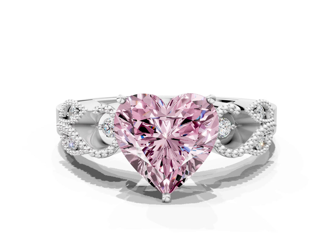 White gold Fancy Pink Heart Cut Solitaire Milgrain Leaf Band with Prong Setting_12
