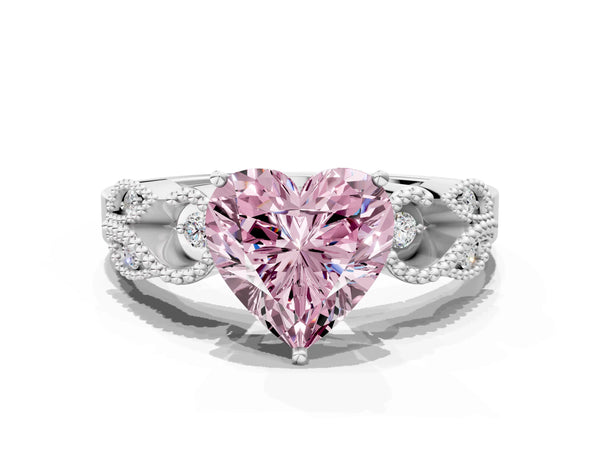 Platinum Fancy Pink Heart Cut Solitaire Milgrain Leaf Band with Prong Setting