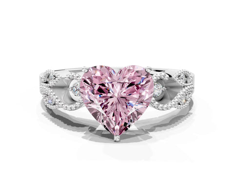 White gold Fancy Pink Heart Cut Solitaire Milgrain Leaf Band with Prong Setting_12