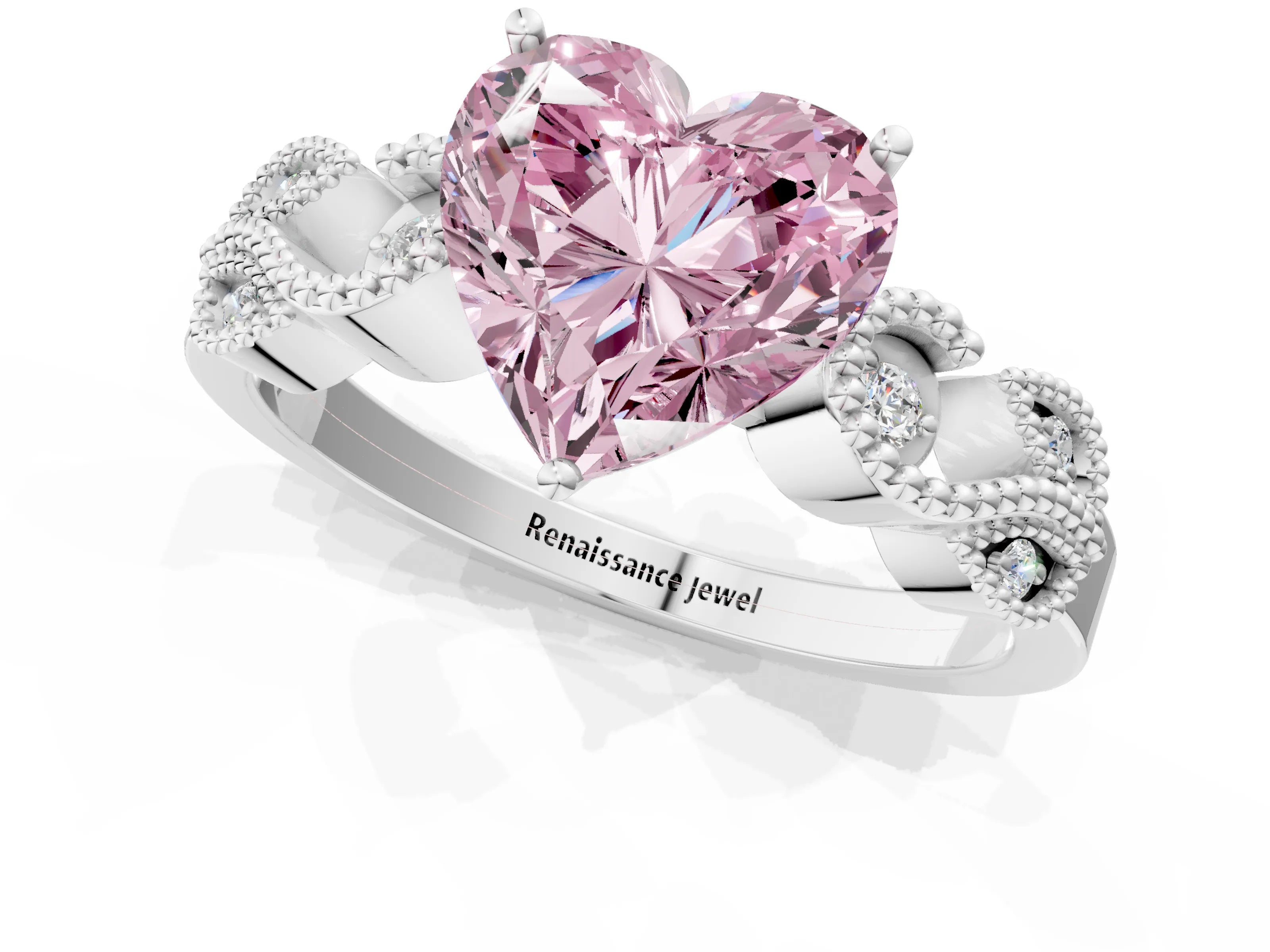 White gold Fancy Pink Heart Cut Solitaire Milgrain Leaf Band with Prong Setting_13