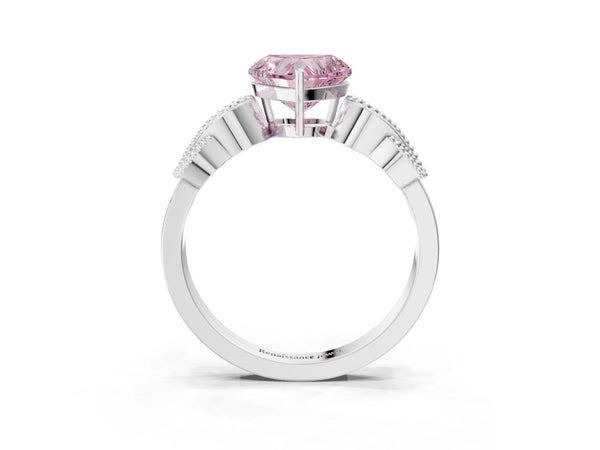 Platinum Fancy Pink Heart Cut Solitaire Milgrain Leaf Band with Prong Setting