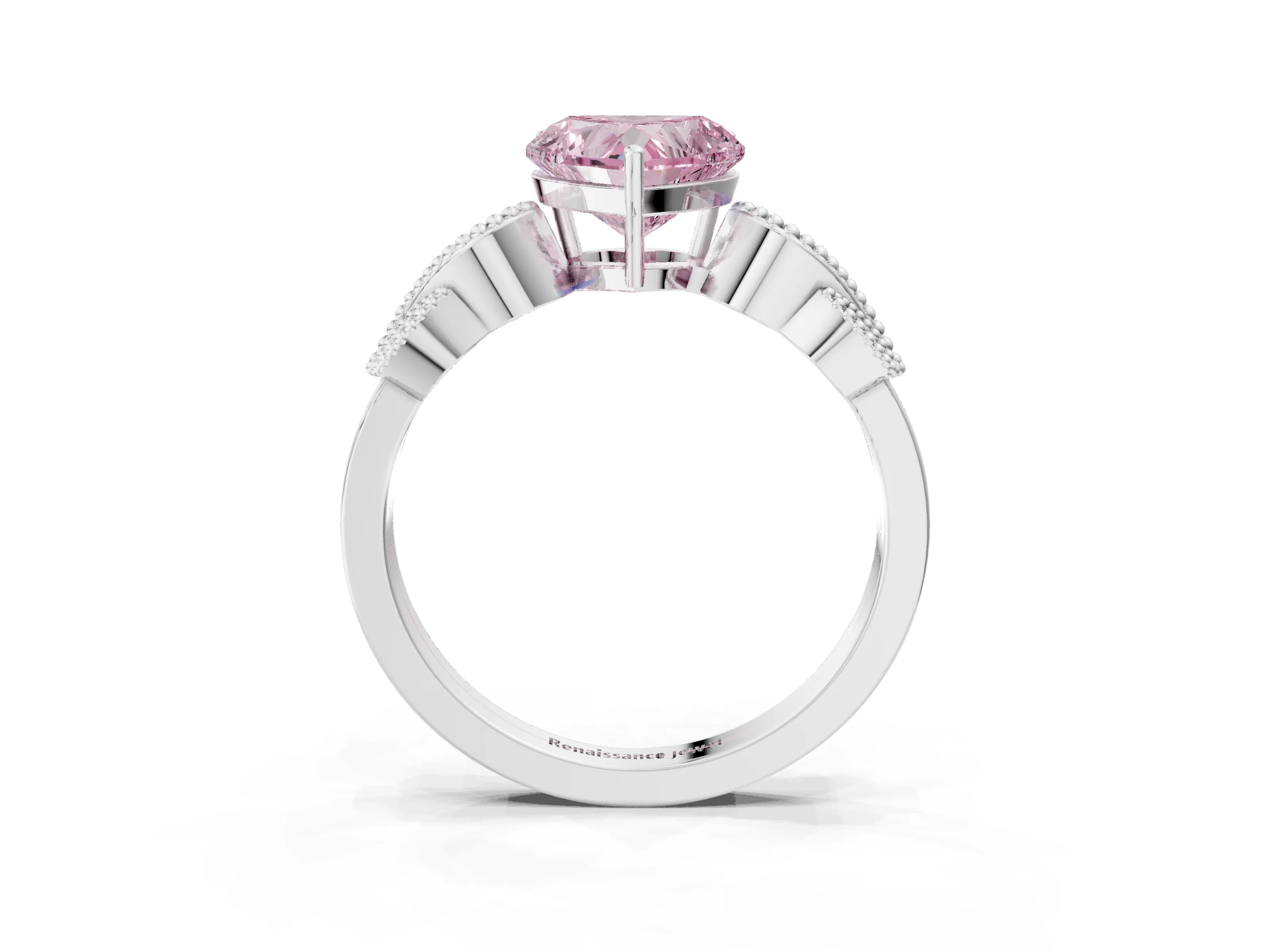 White gold Fancy Pink Heart Cut Solitaire Milgrain Leaf Band with Prong Setting_15