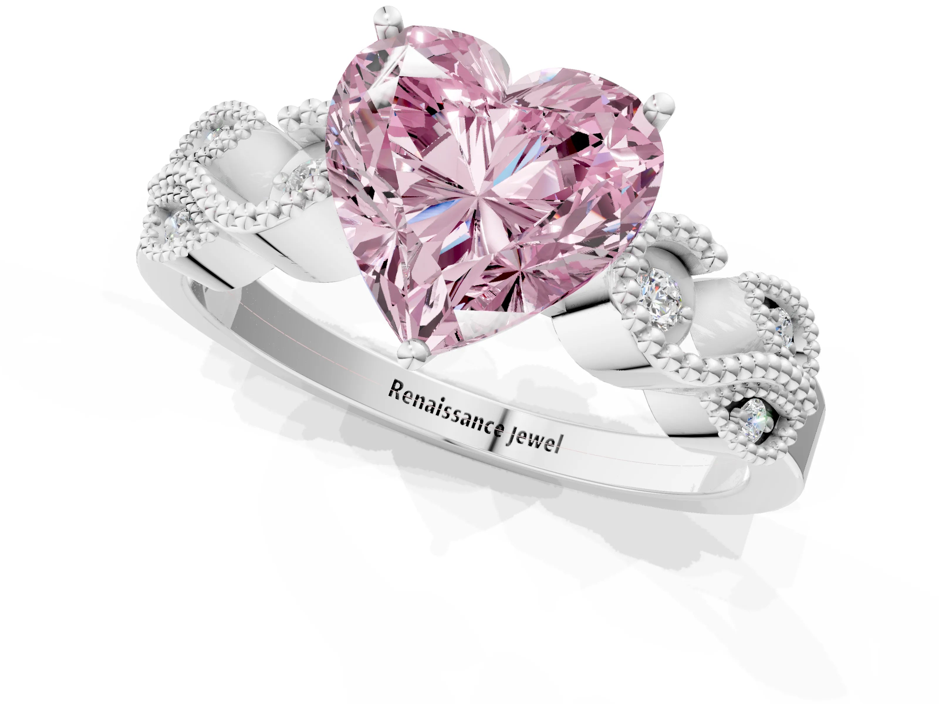 White gold Fancy Pink Heart Cut Solitaire Milgrain Leaf Band with Prong Setting_1