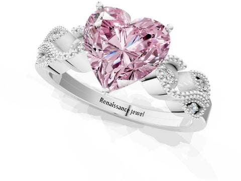 White gold Fancy Pink Heart Cut Solitaire Milgrain Leaf Band with Prong Setting_1